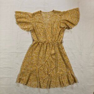 Women’s Flutter Sleeve Elastic Waist Pullover Floral Yellow Wrap Dress size S